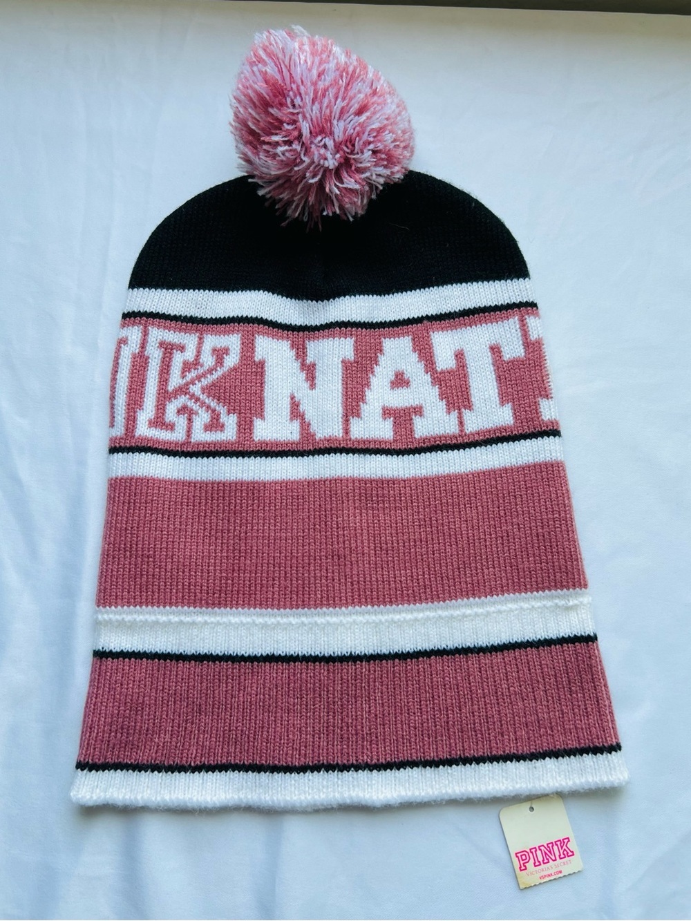 Victoria’s Secret PINK Nation Pom Pom Beanie Hat Pink Black White One Size NWT
